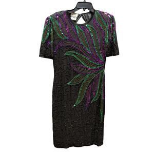 Vintage 1980 Sequin Silk Beaded cocktail Black dress green Design purple Medium